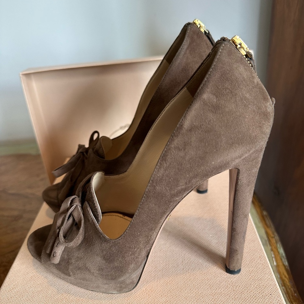 Prada Brown Suede Peep-Toe Lace-Up Platform Heels 9 9.5 EU 39.5 - Picture 16 of 16